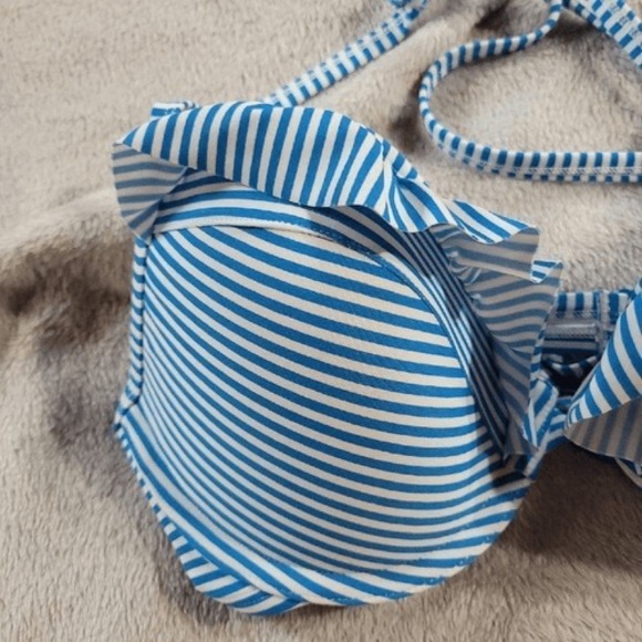 Blue White Striped Ruffle Halter Bikini Top Underwire Molded Cup Swimwear Womens - Picture 2 of 3